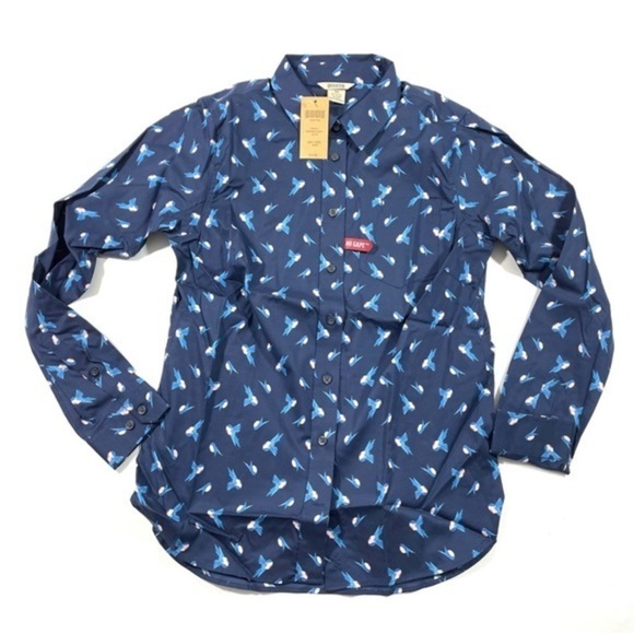 New Duluth Wrinklefighter Button Front Shirt Blue Bird Print - Picture 1 of 6